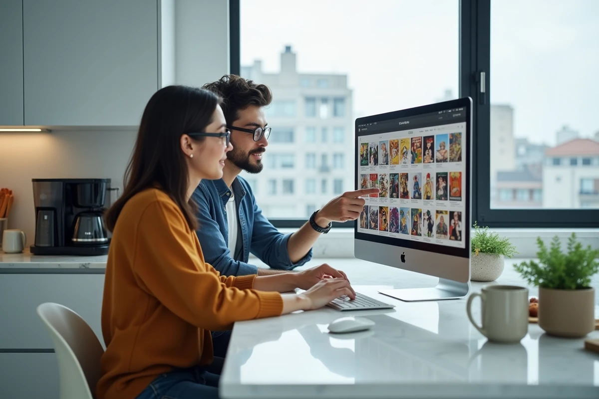 Couple de nouveaux lecteurs explorant un site de lecture de mangas en ligne ensemble