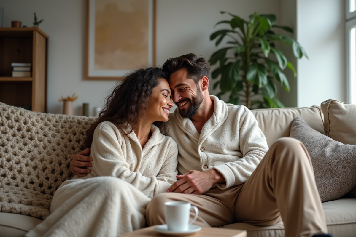 Couple en loungewear partageant un câlin dans le salon
