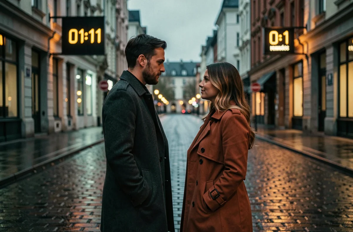 Couple face à face dans une rue urbaine sous une horloge affichant 1h11, symbolisant la rencontre des flammes jumelles et la synchronicité numérique