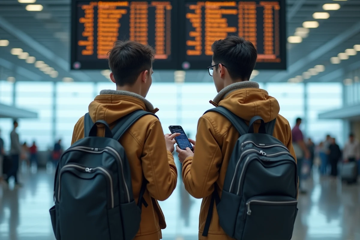 Couple de voyageurs consultant un convertisseur de fuseau horaire pour La Réunion dans un aéroport international