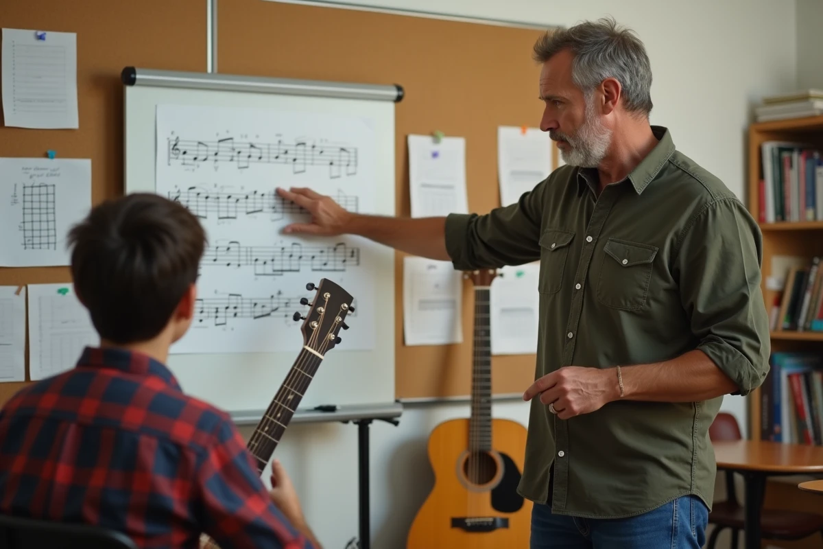Professeur de guitare expliquant un diagramme d'accord à un élève lors d'un cours de musique en salle de classe