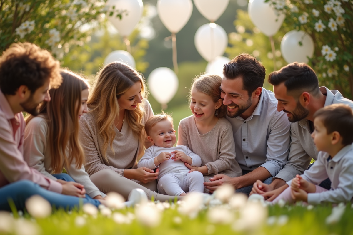 Célébration en extérieur avec famille et ballons dans un jardin fleuri