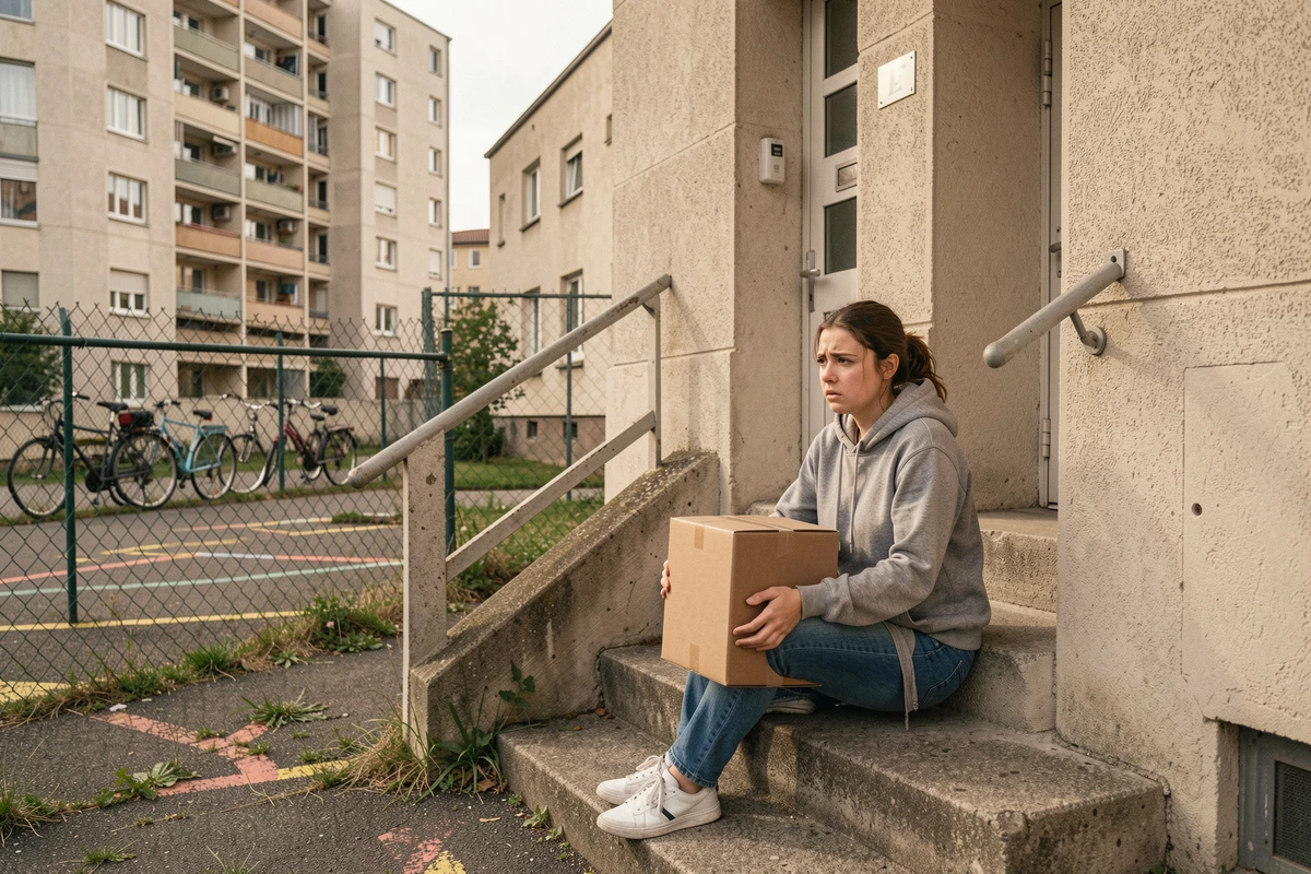 Jeune femme tenant un carton de déménagement assise devant un immeuble HLM dans un quartier difficile d'une ville française