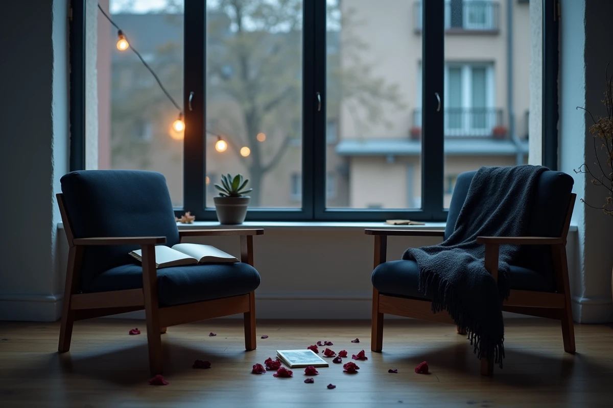 Deux chaises vides face à face près d'une fenêtre nocturne avec un journal intime et des pétales de rose séchés, évoquant la séparation et la réunion des flammes jumelles