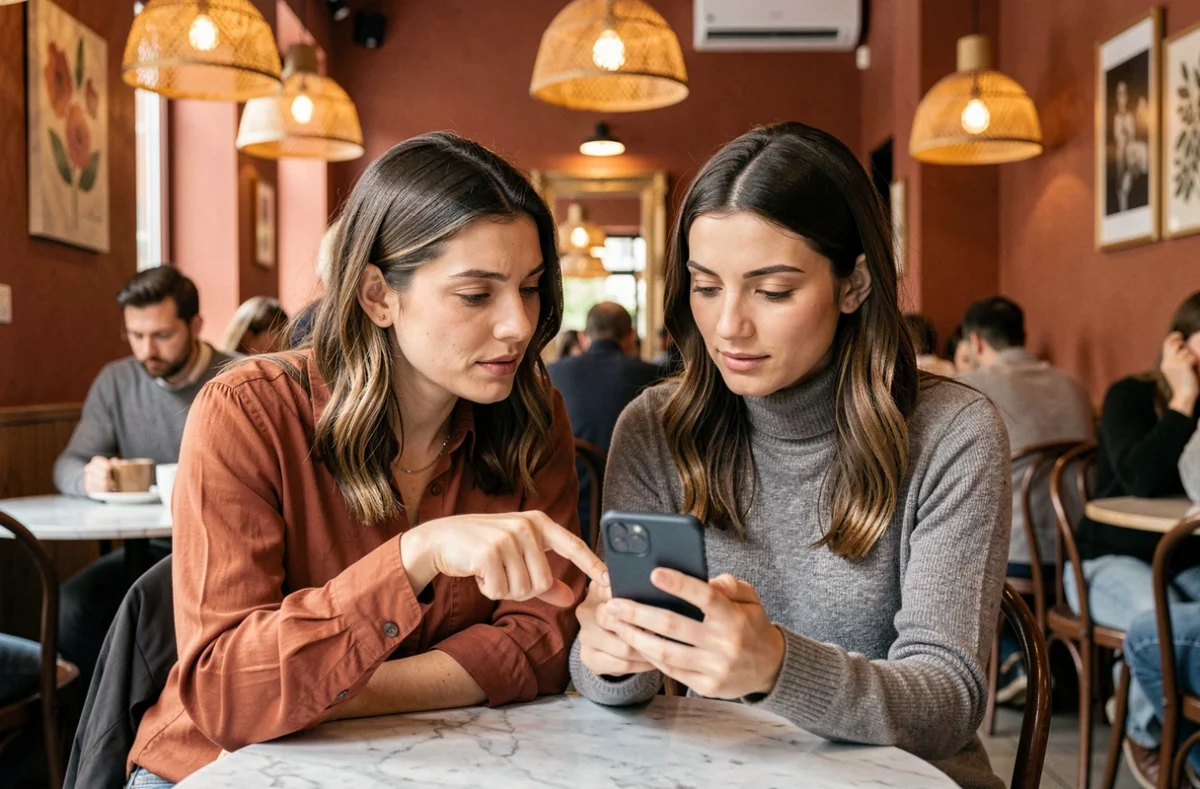 Deux femmes discutant discrètement autour d'un smartphone dans un café, évoquant les astuces pour consulter des stories Instagram sans être vu grâce à Storieig