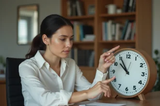 Femme pointant une horloge analogique à 7h du matin pour expliquer la différence entre AM et PM en anglais