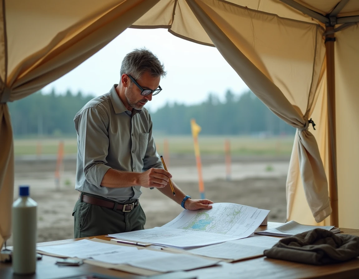 Écologue masculin analysant des documents d'étude d'impact environnemental dans un bureau de terrain sur chantier