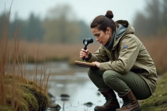 Écologue femme analysant des plantes aquatiques dans une zone humide lors d'une étude d'impact environnemental