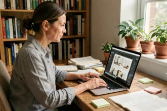 Femme éditant la mise en page de son livre personnel sur un logiciel en ligne depuis son bureau à domicile