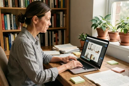 Femme éditant la mise en page de son livre personnel sur un logiciel en ligne depuis son bureau à domicile