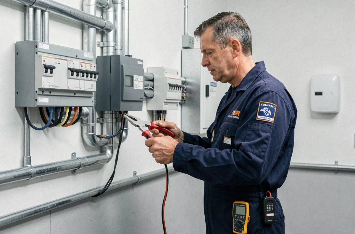 Technicien Electrogaz travaillant sur un panneau électrique lié à un système de chauffage