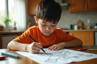 Enfant coloriant un dessin Dragon Ball Z Super Sayen à la table de cuisine avec des crayons de couleur