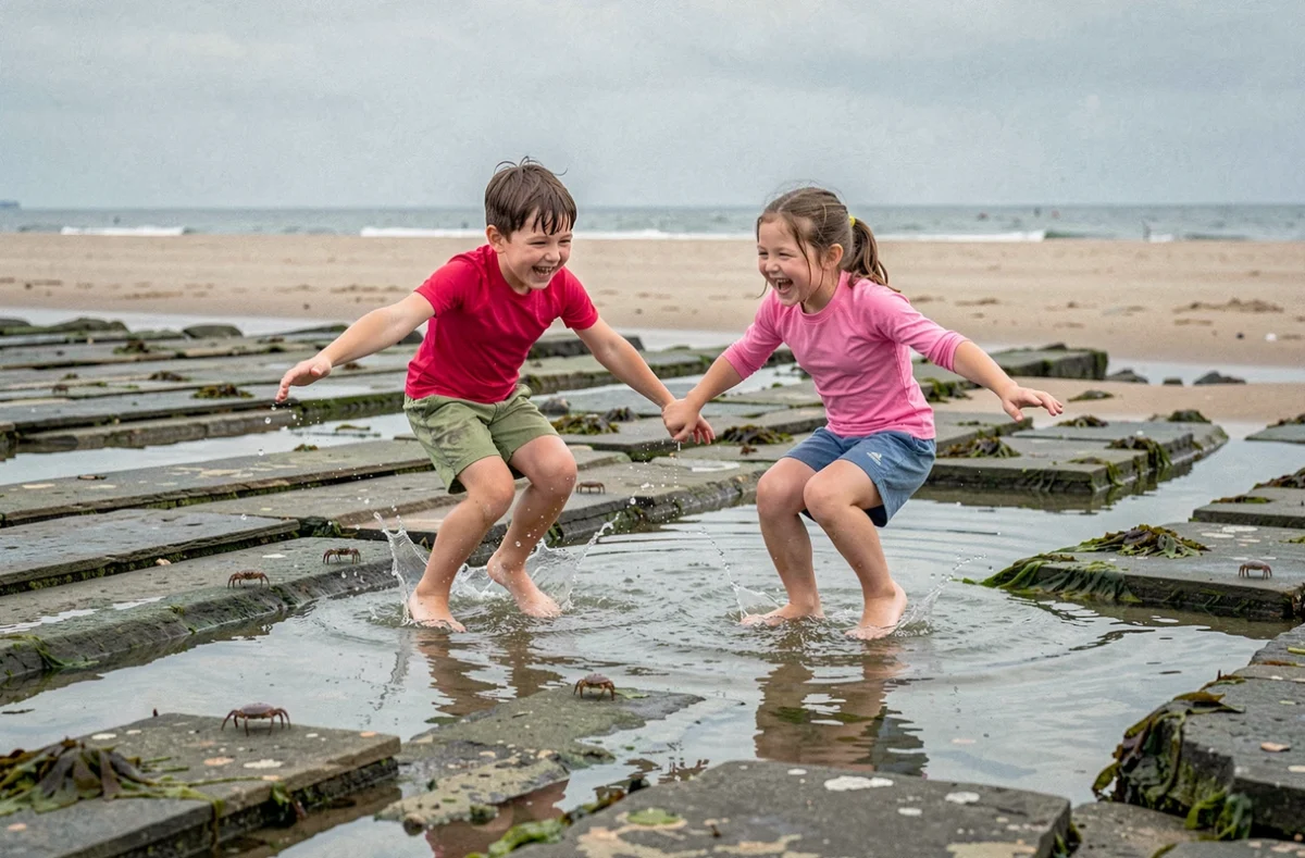 Deux enfants qui jouent dans les flaques de rochers à marée basse sur la côte d'Opale près du Touquet, rires et éclaboussures en vacances en famille