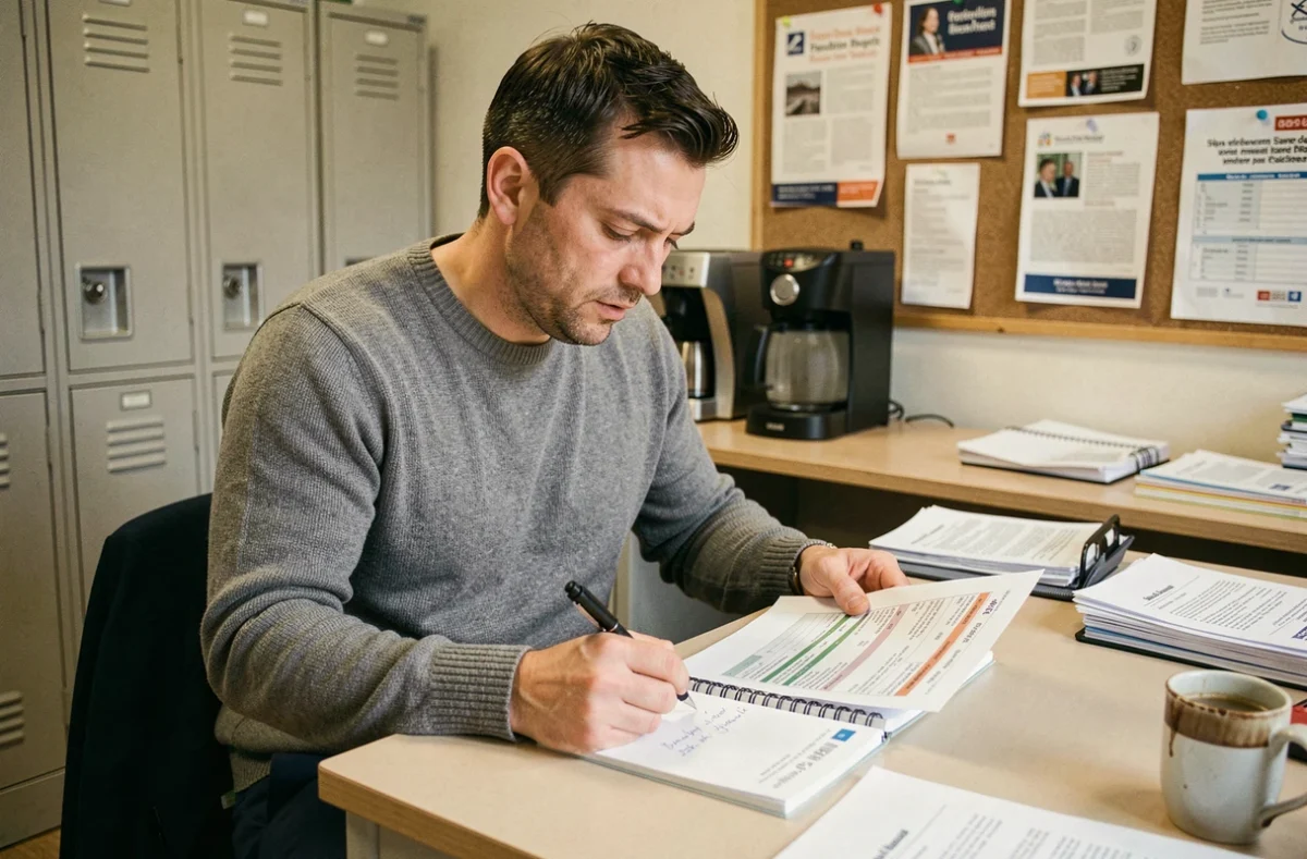 Enseignant certifié comparant ses fiches de paie et indemnités dans la salle des professeurs