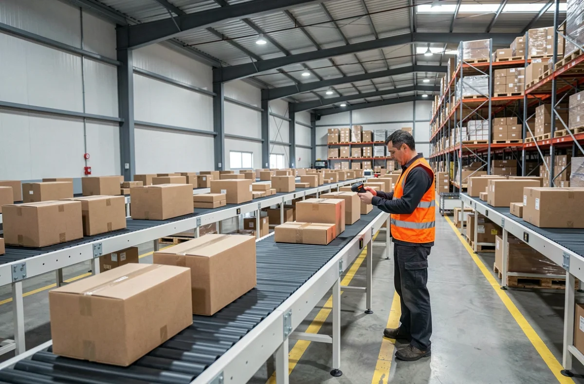 Entrepôt logistique avec tapis roulants de colis en transit et agent de tri au travail