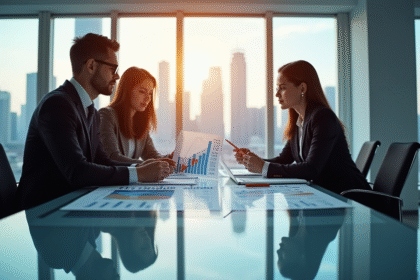 Professionnels d'affaires analysant des graphiques financiers dans un bureau lumineux