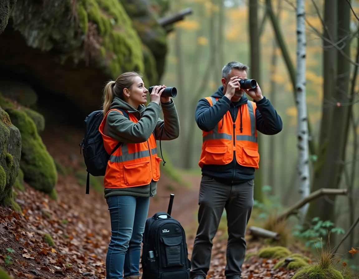 Équipe d'écologues observant la faune aviaire en forêt dans le cadre d'une étude d'impact environnemental