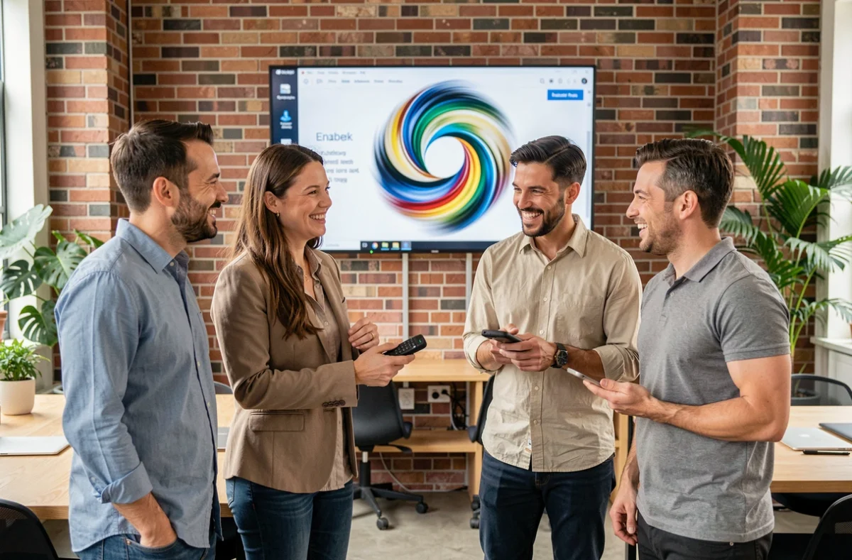Groupe de collègues amusés par une présentation avec effet barrel roll sur grand écran en espace de coworking