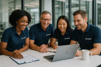 Groupe de professionnels en polos d'entreprise dans un bureau moderne