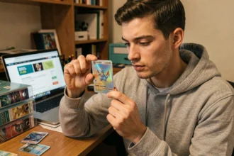 Jeune homme évaluant le prix d'une carte Pokémon holographique devant un ordinateur affichant un site d'estimation