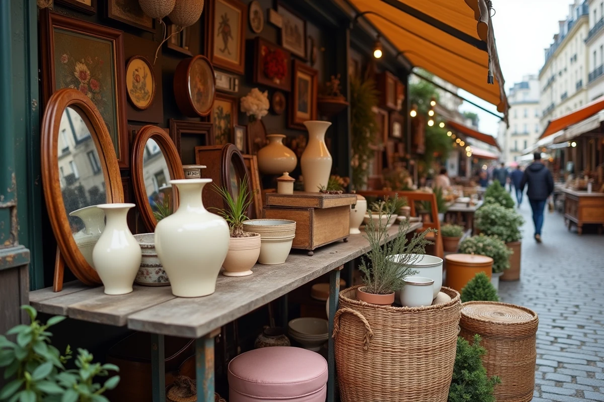 Étal de marché aux puces avec meubles vintage, miroirs et objets de décoration anciens