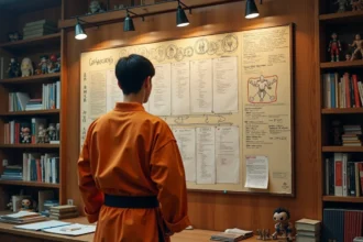 Jeune homme étudiant une chronologie illustrée des sagas Dragon Ball affichée sur un mur de studio créatif
