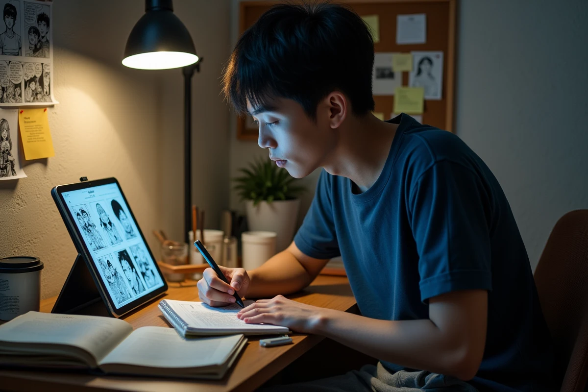 Étudiant analysant les révélations du scan One Piece 1151 VF sur une tablette avec des notes manuscrites