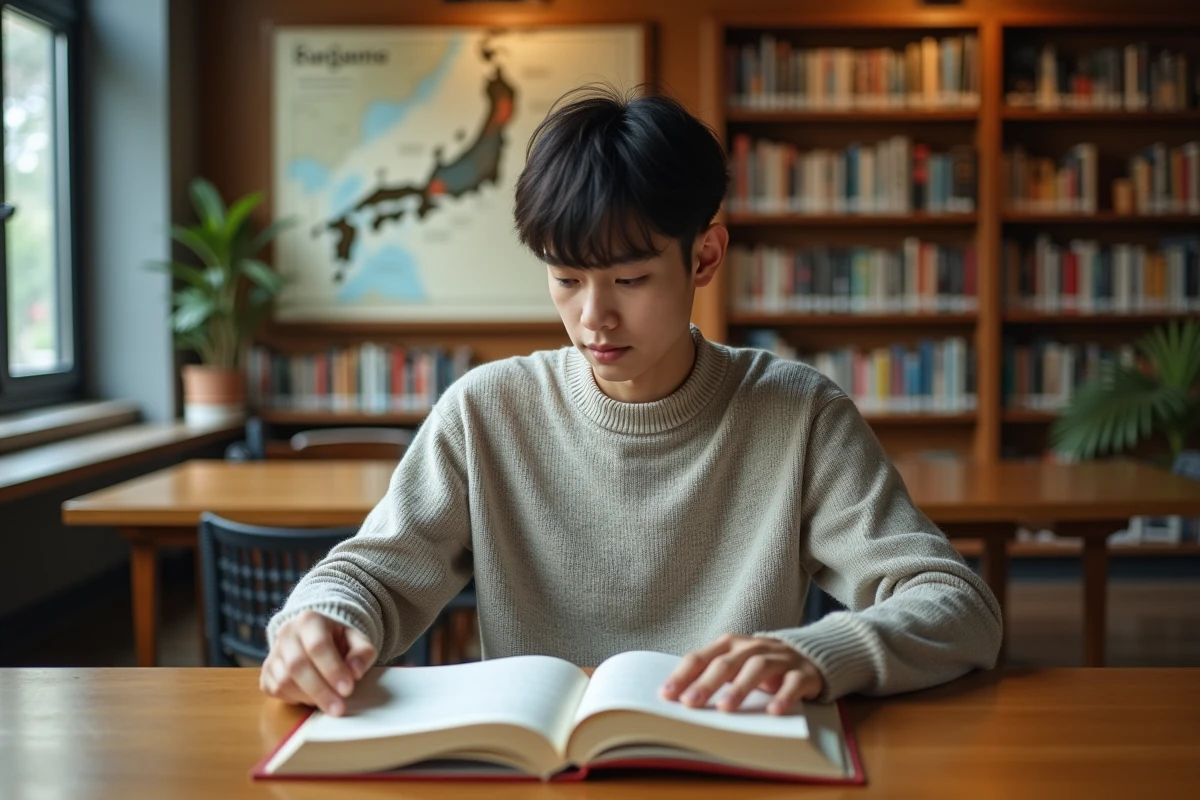 Jeune étudiant en géographie consulte un livre en bibliothèque