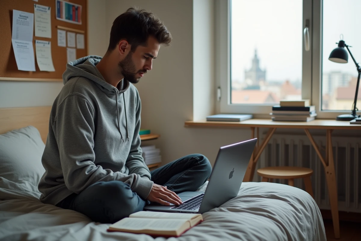 Étudiant musulman planifiant ses cours en fonction des horaires de prière sur son ordinateur portable