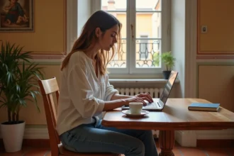 Expatriée française consultant un site d'annonces immobilières italien depuis son appartement à Rome