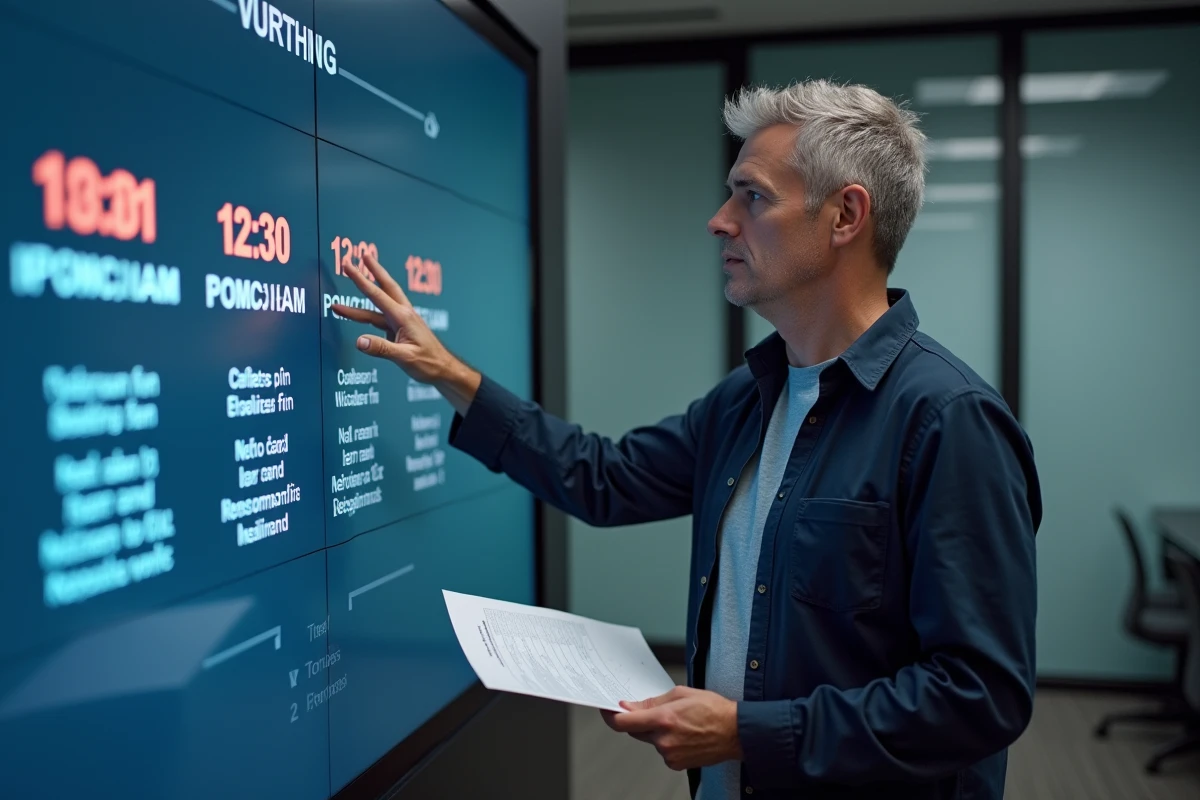 Homme présentant un tableau numérique illustrant les formats AM et PM dans un bureau moderne