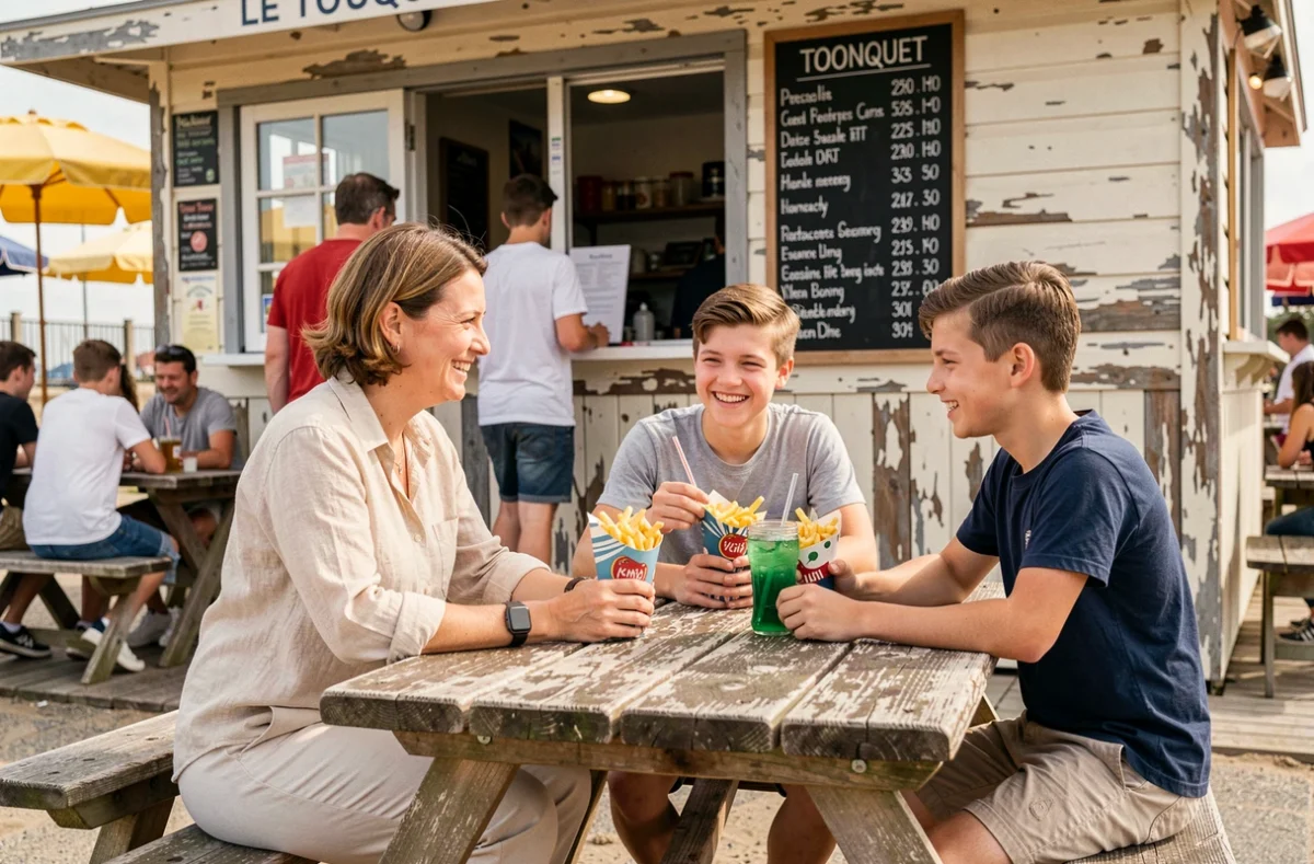 Mère et adolescents savourant des frites dans un snack de bord de mer au Touquet, moment de détente en famille durant les vacances estivales