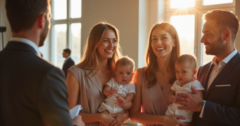 Famille souriante dans la mairie lumineuse lors d'une cérémonie civile