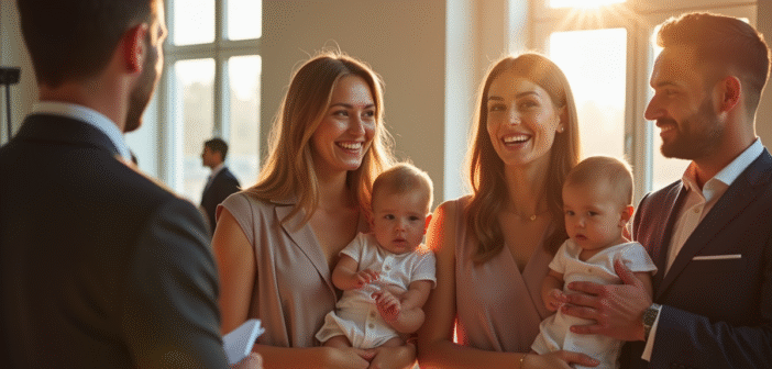 Famille souriante dans la mairie lumineuse lors d'une cérémonie civile