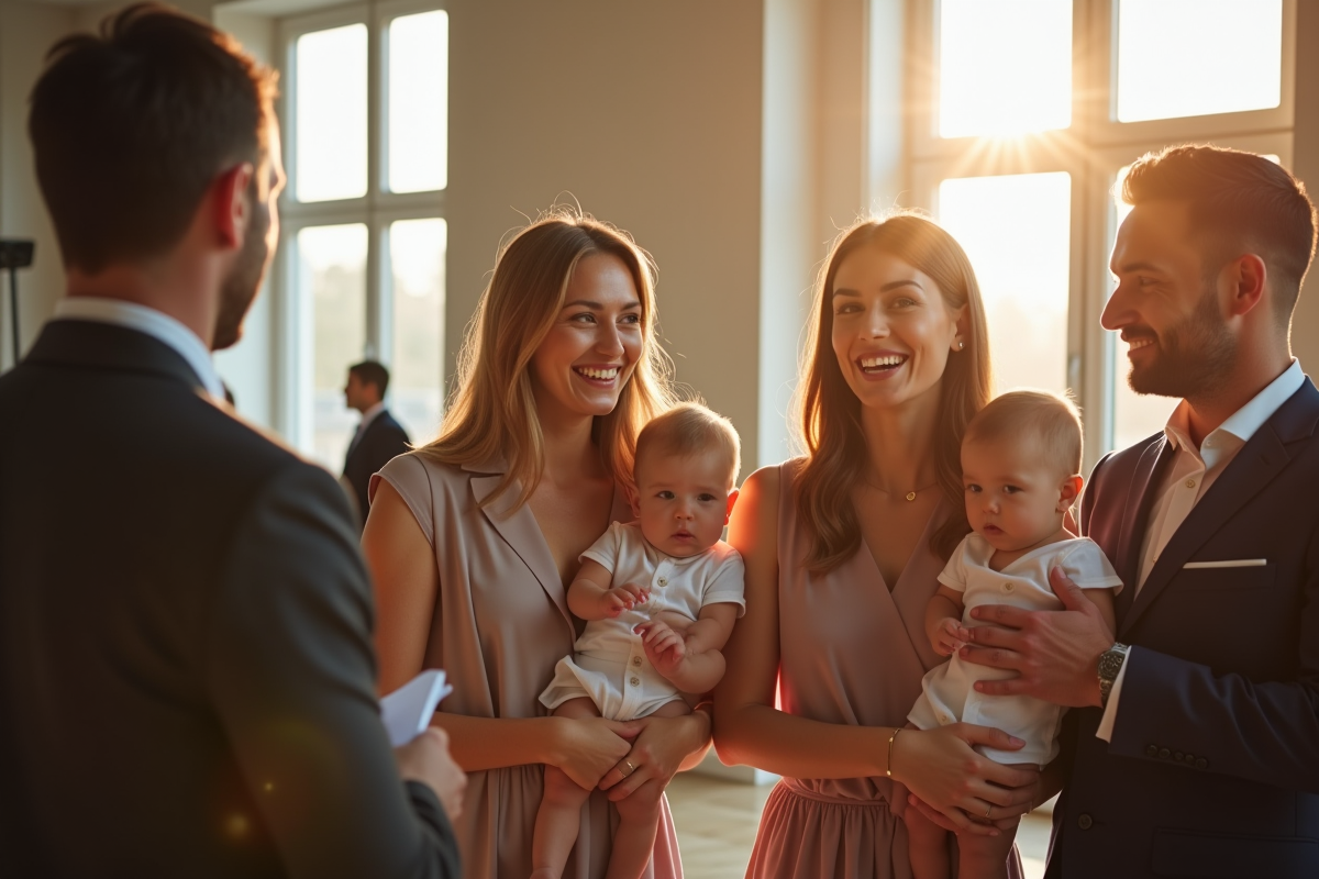 Famille souriante dans la mairie lumineuse lors d'une cérémonie civile