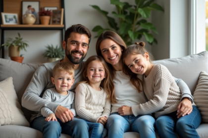 Famille recomposée assise sur un canapé dans un salon chaleureux
