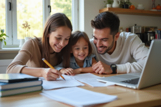 Famille heureuse à la cuisine avec documents scolaires