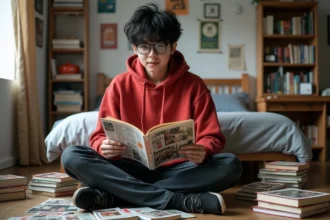 Jeune fan de manga lisant le scan One Piece 1151 VF entouré de volumes et de fan-arts dans sa chambre
