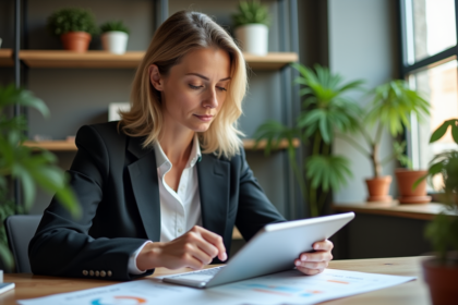 Femme d'affaires regardant des graphiques d'investissement durable