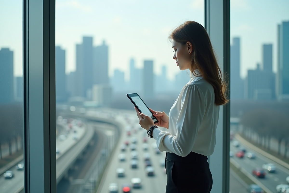 Femme d affaires avec tablette dans une salle de réunion urbaine