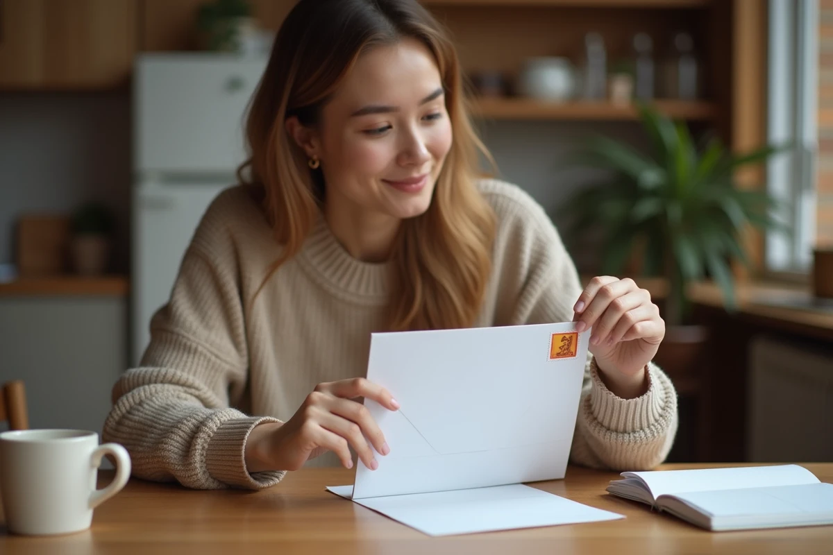 Jeune femme collant un timbre sur une enveloppe pour envoyer du courrier