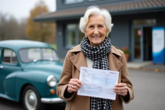 Femme agee souriante tenant un document d'immatriculation