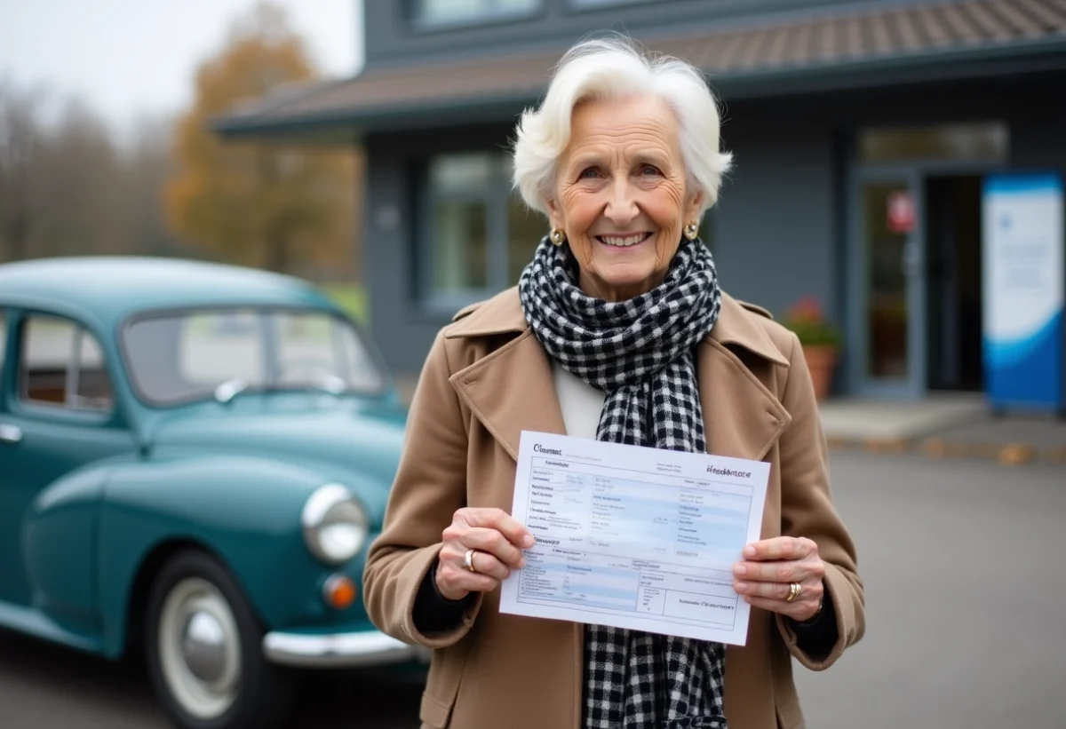 Femme agee souriante tenant un document d'immatriculation