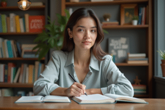 Jeune femme studieuse avec dictionnaire et carnet