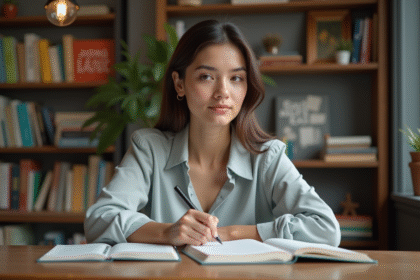 Jeune femme studieuse avec dictionnaire et carnet