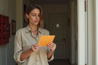 Femme tenant un avis de passage La Poste orange devant sa porte d'entrée dans un couloir d'immeuble