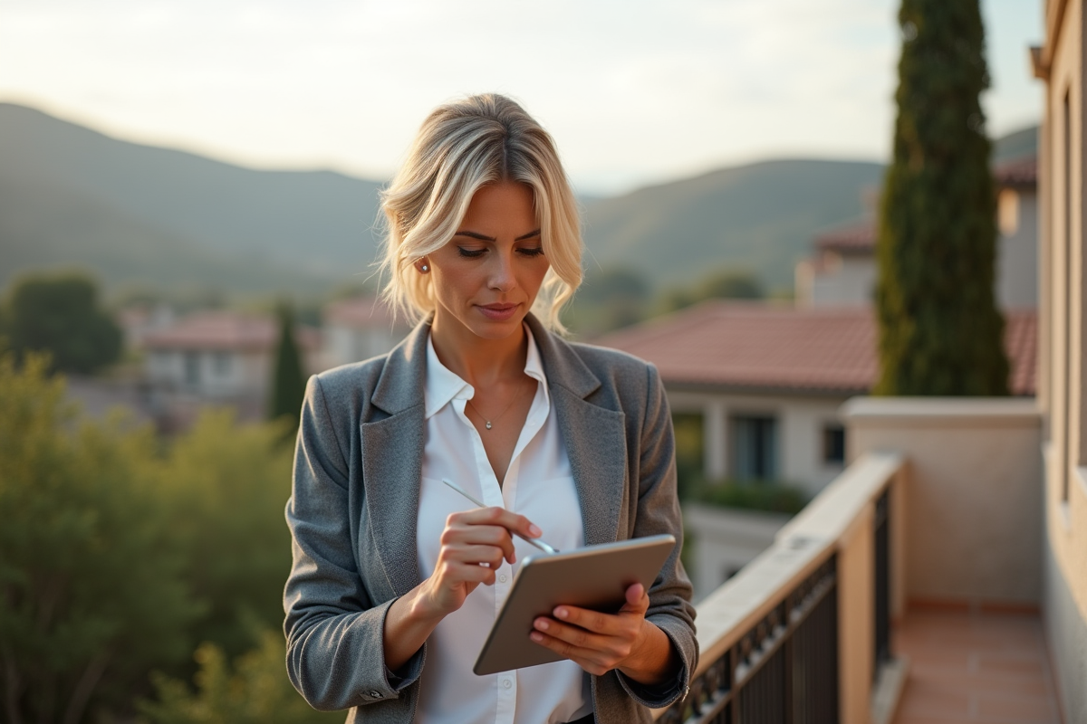 Femme utilisant une tablette sur un balcon en villa méditerranéenne