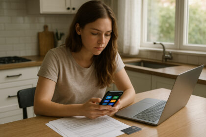 Femme utilisant une application bancaire sur son téléphone dans une cuisine moderne