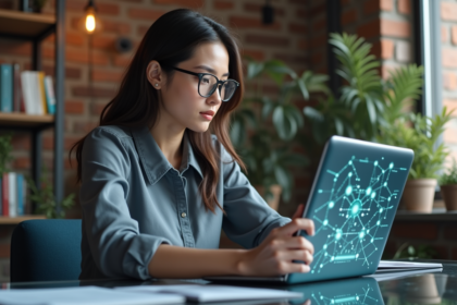 Jeune femme en blouse étudie la blockchain sur tablette