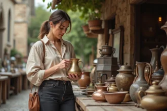 Femme chinant une cruche ancienne sur un stand de brocante en plein air dans un village des Yvelines